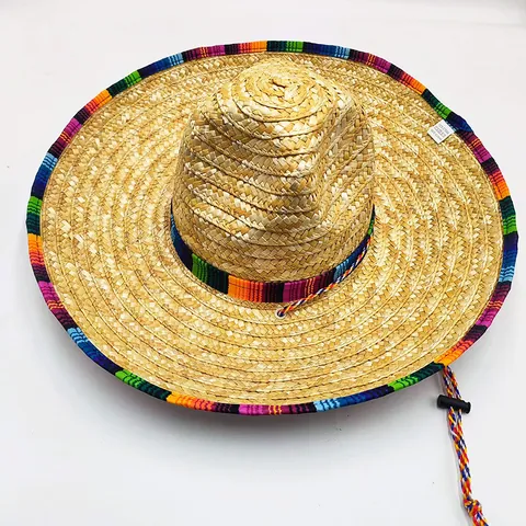 Cappello di Paglia Messicano Fatto a Mano Tesa Larga Protezione Solare Con Pompon E Nastro Per Carnevale Festa Accessori Foto Unisex