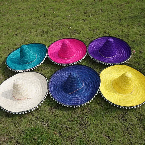 Mexican Sombrero Hat For Adult Carnival Party Straw Hat Colorful Woven Hat With Pom-Poms For Halloween Costume Performance