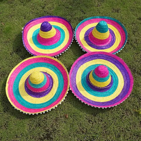 Mexican Sombrero Hat For Adult Carnival Party Straw Hat Colorful Woven Hat With Pom-Poms For Halloween Costume Performance
