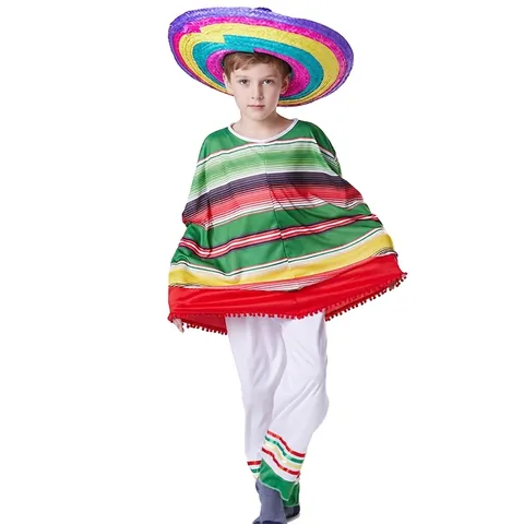 Conjunto de Disfraz Étnico Mexicano de Halloween para Niños Poncho de Rayas de Colores Con Sombrero Para Fiesta de Cosplay