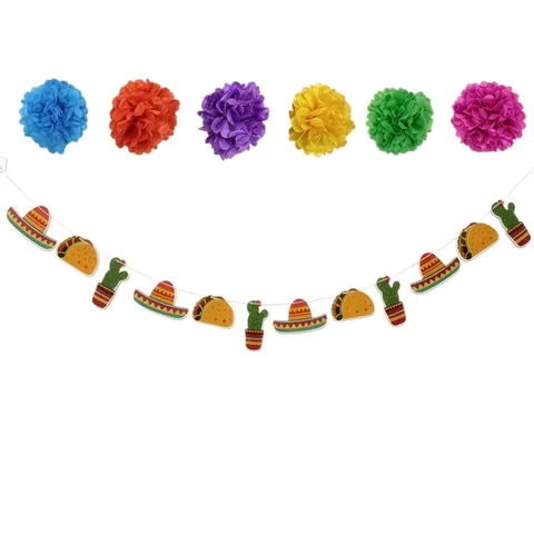 Decoraciones de Fiesta Mexicana Taco Sombrero Cactus Guirnalda de Papel Pancarta Pompones de Papel de Colores para Cumpleaños