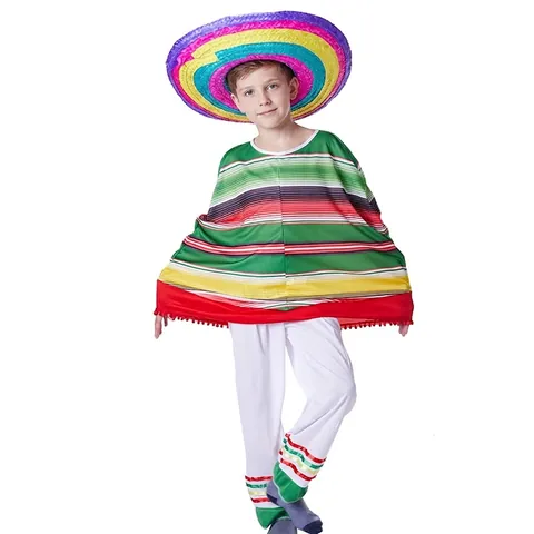 Conjunto de Disfraz Étnico Mexicano de Halloween para Niños Poncho de Rayas de Colores Con Sombrero Para Fiesta de Cosplay