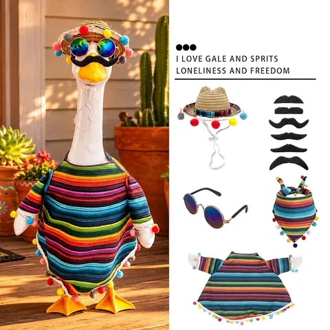 Ensemble de Costumes Mexicains pour Oie de Porche Poncho Serape à Rayures Chapeau de Paille Lunettes de Soleil Moustache Décoration de Jardin