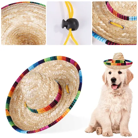 Chapeau de Paille pour Animaux Style Mexicain Pour Chiens et Chats Sombrero Ajustable Avec Décoration de Ruban Arc-en-Ciel pour Halloween Carnaval Fête