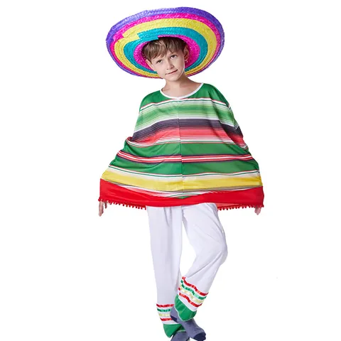 Set di Costumi Etnici Messicani di Halloween per Bambini Poncho a Strisce Colorate Con Cappello Sombrero per Feste Cosplay