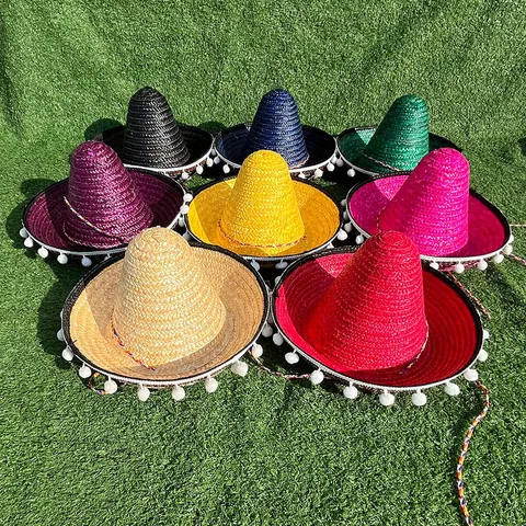 Mexicaanse Sombrero Party Strohoed Met Witte Pompons Voor Kinderen Volwassenen Halloween Carnaval Kostuum Performance Hoed
