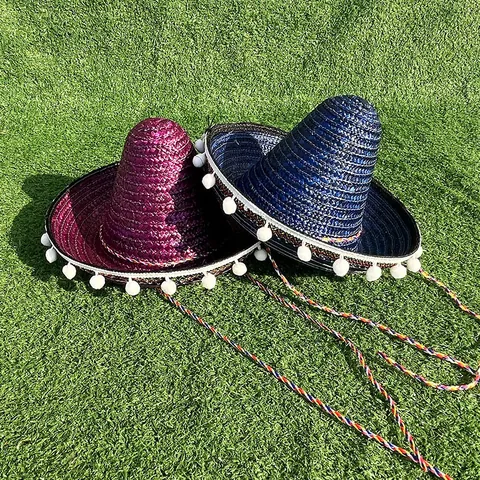 Mexicaanse Sombrero Party Strohoed Met Witte Pompons Voor Kinderen Volwassenen Halloween Carnaval Kostuum Performance Hoed
