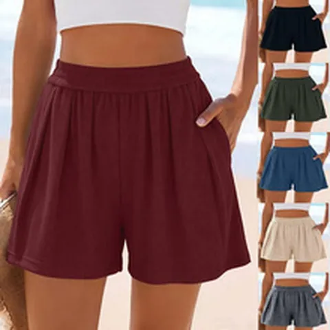 Short Nervuré Taille Haute Femme Décontracté Taille Élastique Short Jambe Large Avec Poches Couleur Unie Été Lounge Shorts