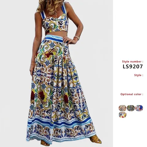 Ensemble Femmes Imprimé Floral Majolique Top And Bottom Style Méditerranéen Bohème Plage Crop Top et Jupe Maxi