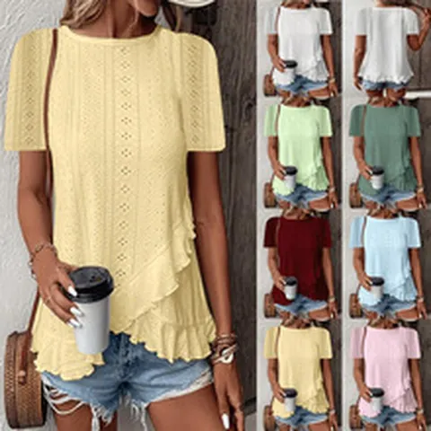 Women Casual Short Sleeve Round Neck Eyelet Embroidery T-Shirt Ruffle Hem Asymmetric Summer Top Fashion Solid Color Blouse