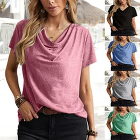 Dames Casual Gedrapeerde Hals T-Shirt Korte Mouw Effen Kleur Losse Zomer Top Basic Lichtgewicht Zacht Tee Mode Pullover