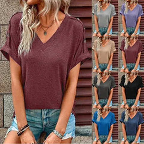 Dames Casual V-hals T-shirt met Korte Mouwen en Schouderknopen Effen Kleur Losse Katoenmix Gebreide Top Zomer