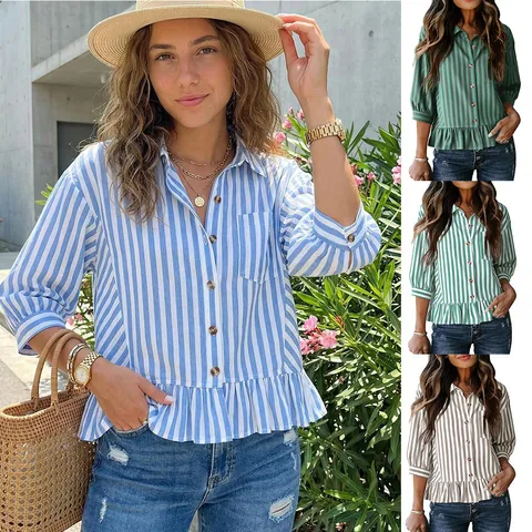 Camicia a Righe in Cotone Casual da Donna Manica a Tre Quarti Orlo con Volant Peplo Camicetta Abbottonata Top Comodo