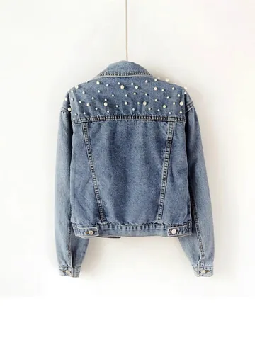 Damen Kurze Jeansjacke Baumwolle Perlen Bestickt Langarm Casual Outwear Knopfleiste Lockere Passform Mode Top