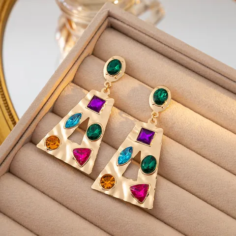 Boucles d'Oreilles Pendantes Géométriques en Trapèze Avec Strass Multicolores Plaquées Or Alliage de Fer Bijoux Femme