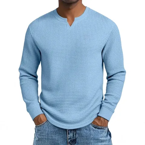 Herren Casual Polyester Waffelstrick Top Slim Fit Langarm V-Ausschnitt Hemd Einfarbig Sportlich Base Layer Top Für Herren