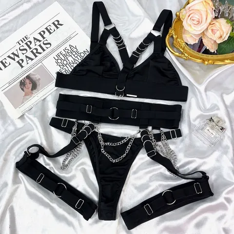 Dames Sexy Lingerie Top And Bottom Set Opengewerkt Harness Beha Thong Garter Beenringen Metalen Ketting Bondage Lingerie