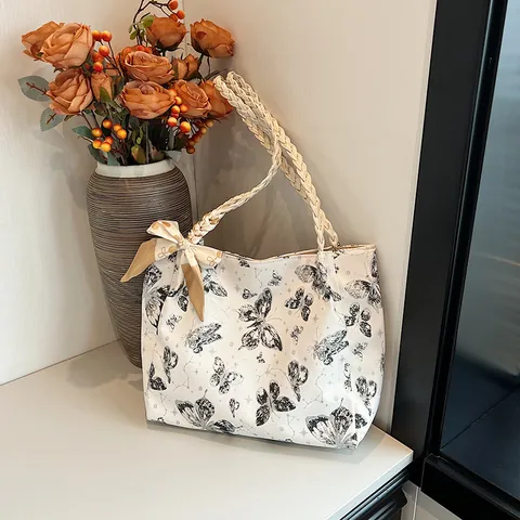 Dames Grote Capaciteit PU Leren Tote Tas Vlinder Print Schoudertas Gevlochten Handvat Strik Decoratie Handtas