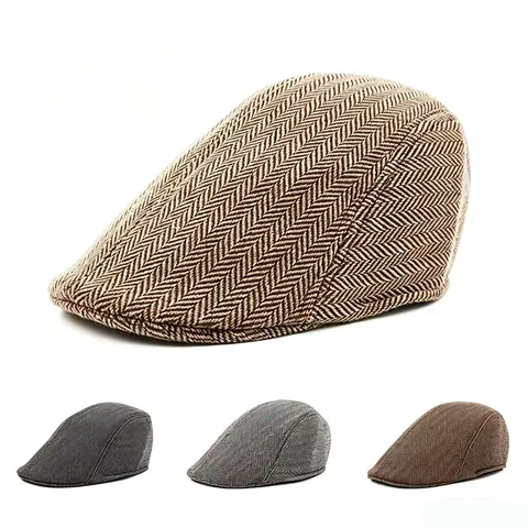 Casquette Gavroche Pour Hommes Motif Chevrons Tweed Béret Plat Style Britannique Rétro Chapeau Hiver Chaud