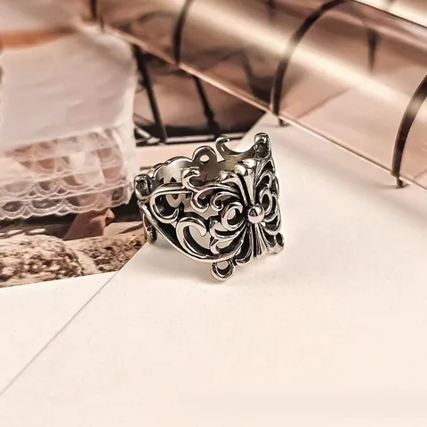 Retro Titanstahl Schmetterling Ring Für Damen Gothic Punk Kreuz Blume Hohle Band Ring Antik Silber Schmuck Geschenk