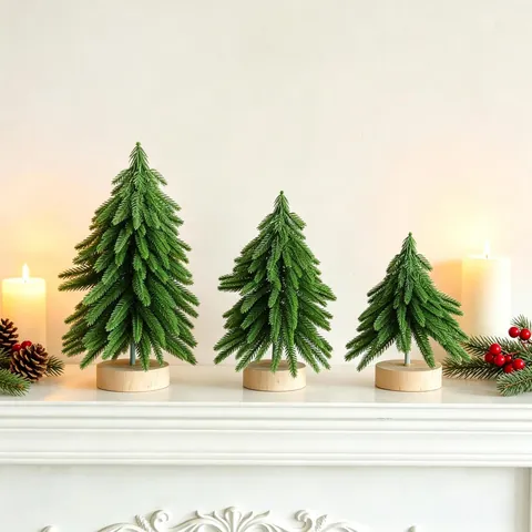 Miniature Christmas Tree Desktop Ornament With Round Wooden Base Artificial Snow Pine Tree For Home Party Xmas Decoration