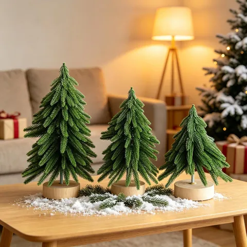 Miniature Christmas Tree Desktop Ornament With Round Wooden Base Artificial Snow Pine Tree For Home Party Xmas Decoration