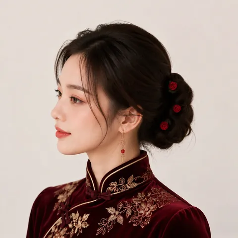 Vintage Chinesischer Stil Rote Rose Haarstäbe 6-Teiliges Set Samtstoff Blume U-Förmige Haarnadeln Für Hanfu Cheongsam Hochzeit Braut Party Schmuck