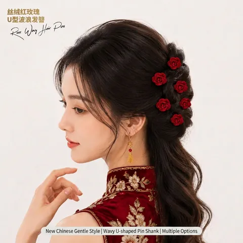 Vintage Chinese Style Red Rose Hair Sticks 6-Piece Set Velvet Fabric Flower U-Shaped Hairpins For Hanfu Cheongsam Wedding Bridal Party Jewelry