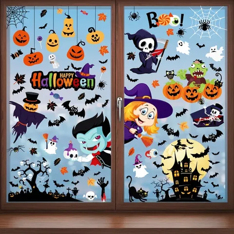 Autocollants Fenêtre Halloween Statiques PVC Double Face Citrouille Fantôme Gnome Décoration Pour Vitre Fête