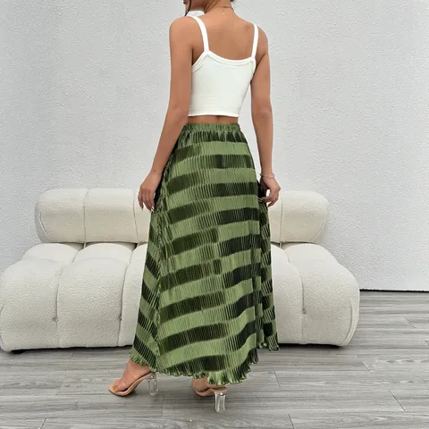 Falda Maxi Plisada Elegante para Mujer Cintura Alta Aspecto Satén Color Sólido Verde Oliva Falda Larga en A para Oficina Fiesta