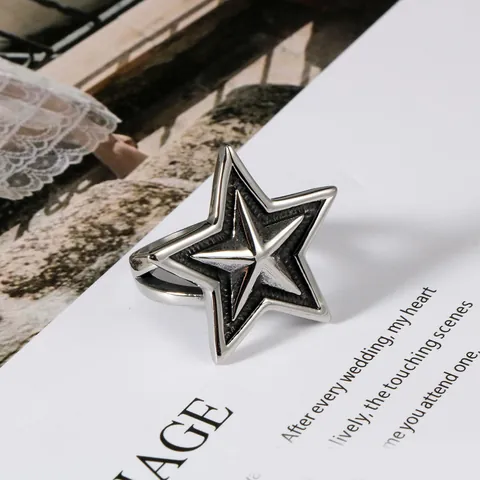 Bague Étoile Pentagramme Large En Acier Inoxydable Punk Vintage Poli Oxydé Texture Bijoux Pour Hommes Et Femmes