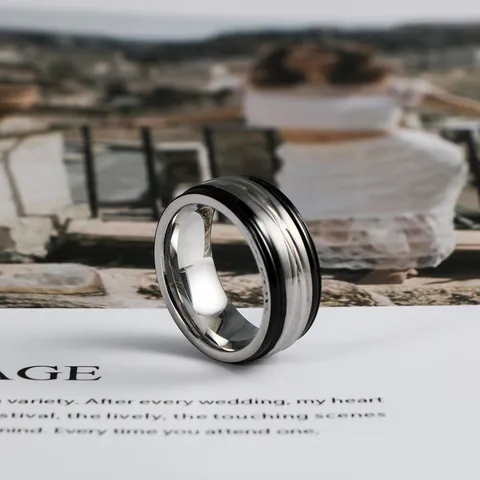 Anello a Fascia in Acciaio Inossidabile da Uomo Minimalista con Linea Geometrica in Smalto Nero Anello Lucido Spazzolato Gioielli Moda