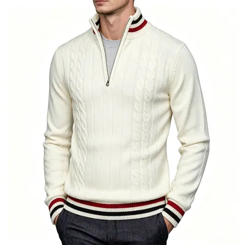 Herren Britischer Stil Viertel Reißverschluss Zopfmuster Strickpullover Gestreifter Besatz Stehkragen Langarm Top