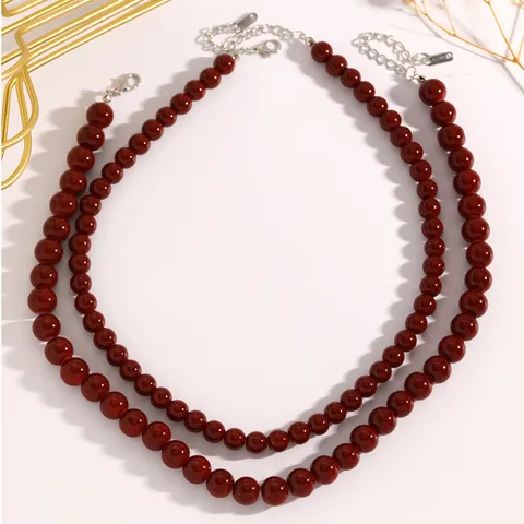 Vintage Wine Red Glass Beaded Choker Necklace With Stainless Steel Clasp Trendy Geometric Round Bead Chain For Women Everyday Accessory