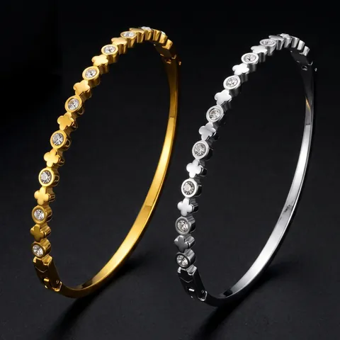 Luxury Stainless Steel Clover Bangle Bracelet for Women European Style Zirconia Inlaid Non-Fading Gold Silver Plated Jewelry