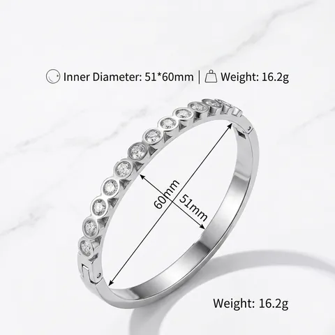 Women Fashion Stainless Steel Round Rhinestone Bangle Electroplated European Style Hinged Bracelet For Party Daily Jewelry