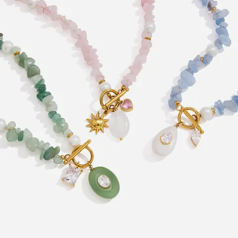 Edelstahl Naturstein Künstliche Perle Perlenhalskette Für Damen Zirkonia Anhänger Boho OT Verschluss Schlüsselbeinkette