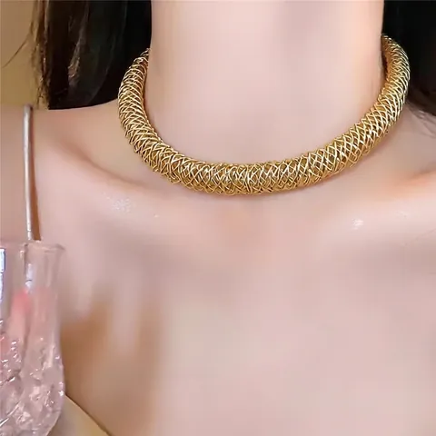 Collana Girocollo in Metallo Rotondo Intrecciato Stile Europeo per Donna Placcato Oro Argento Colletto a Rete Aperto Gioielli di Moda Minimalista