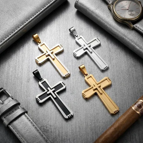 Herren Edelstahl Doppelschichtig Kreuz Anhänger Techwear Individualität Nur Anhänger Ohne Kette Gezahntes Halsband Geschenk