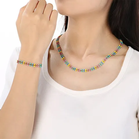 Bohemian Candy Color Enamel Wheat Ear Necklace Bracelet Titanium Steel Sweet Fresh Geometric Chain Jewelry For Women