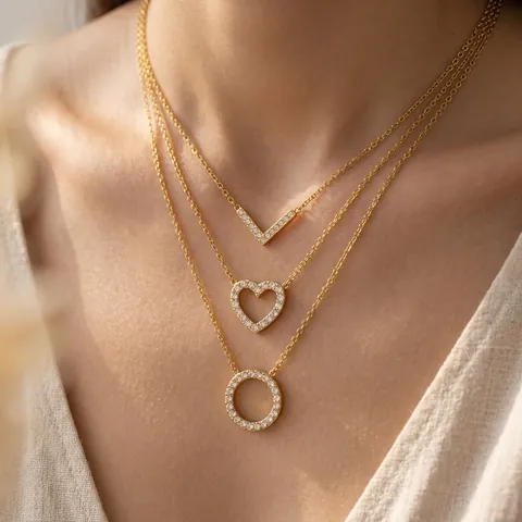 Stainless Steel Necklace 18K Gold Plated Rhinestone Encrusted Heart V-Shape Round Pendant Chic Minimalist For Women