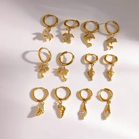 Luxus 304 Edelstahl Creolen Ozean Strand Thema Strass Gold PVD Beschichtet Meeresschildkröte Conch Delfin Kokospalme Anhänger Für Damen Sommer Schmuck
