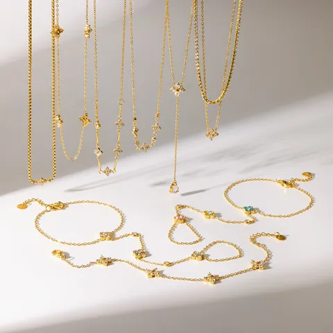 18K Gold Plated 304 Stainless Steel Rhinestone Four Leaf Clover Necklace Bracelet Set Fashion Elegant Jewelry For Women