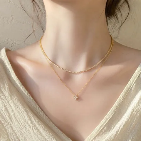 18K Gold Plated 304 Stainless Steel Rhinestone Four Leaf Clover Necklace Bracelet Set Fashion Elegant Jewelry For Women