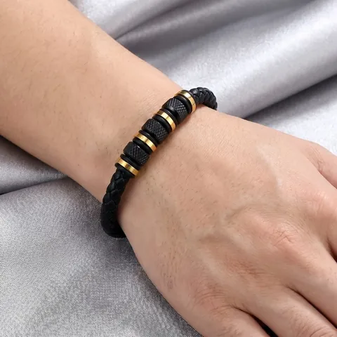 Men Braided Microfiber Leather Bracelet With Knurled Titanium Steel Beads Magnetic Clasp Industrial Style Wristband Jewelry