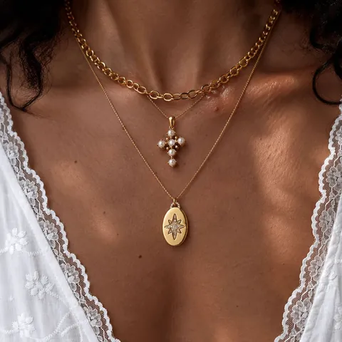 Elegant Stainless Steel Rhinestone North Star Pendant Necklace For Women Artificial Pearl Cross Charm Gold Plated Jewelry Gift