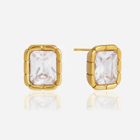 Luxury Stainless Steel Zirconia Stud Earrings Gold Plated Rectangular Ribbed Edge Studs For Women High Quality Jewelry
