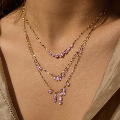 18K Gold Plated Stainless Steel Pink White Zirconia Tassel Gradient Pendant Necklace Classic Fashion Commuter Women Jewelry