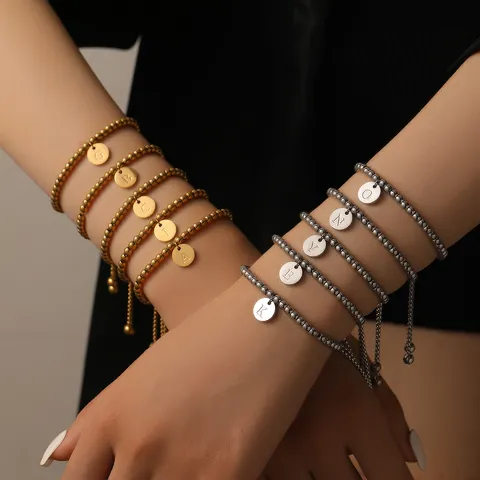 European Titanium Steel Bead Bracelet For Women With Round Letter Disc Pendant Adjustable Bolo Drawstring Fashion Jewelry