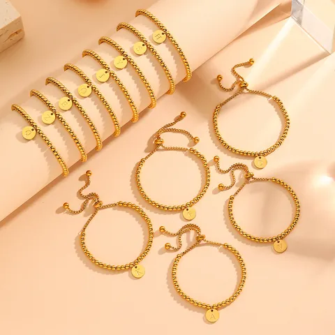 European Titanium Steel Bead Bracelet For Women With Round Letter Disc Pendant Adjustable Bolo Drawstring Fashion Jewelry